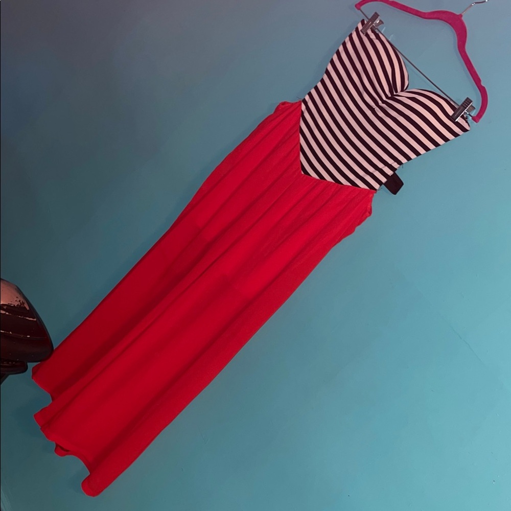 Striped Black and White pink strapless jumpsuit
